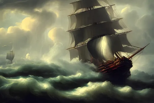 Prompt: Galleon sailing through rough weather