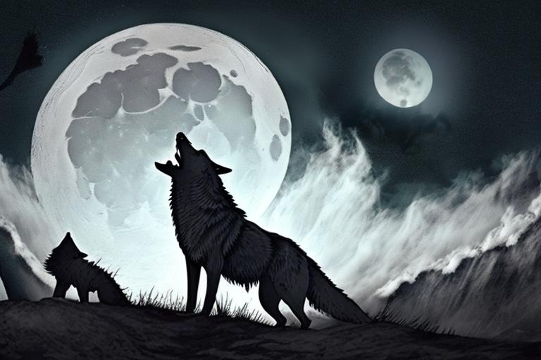 Prompt: Wolf howling with its pack whilst looking at the moon from a valley