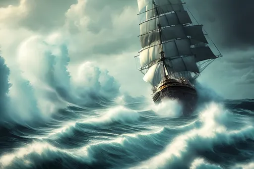 Prompt: Galleon sailing through rough storm with huge waves