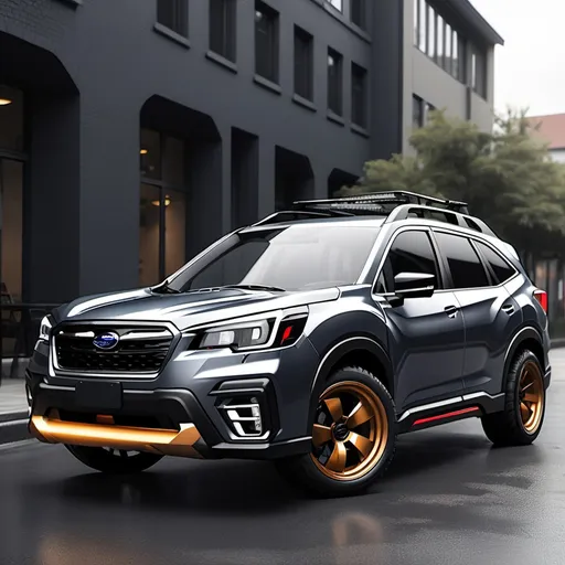 Prompt: Create a 2023 dark grey subaru forestor with wide wheels