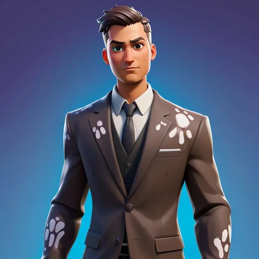 Prompt: A Fortnite character. He has a suit with picture of footprints all over it. 