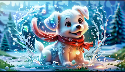 Prompt: chibi, masterpiece, best quality, original, official art, 1dog, red scarf, white clothing, grass,blurred background, cartoon rendering, beautiful detailed glow, (detailed ice), beautiful detailed water, and I want the Disney Pixar style in a white background painted by watercolor 3DAnimationStyle, christmas,  Negative Prompt: (worst quality:2), (low quality:2), (normal quality:2), lowres, jpeg artifacts, cropped, out of frame, corrupted image,, Watermark, Text, censored, deformed, bad anatomy, disfigured, poorly drawn face, mutated, extra limb, ugly, poorly drawn hands, missing limb, floating limbs, disconnected limbs, disconnected head, malformed hands, long neck, mutated hands and fingers, bad hands, missing fingers, cropped, worst quality, low quality, mutation, poorly drawn, huge calf, bad hands, fused hand, missing hand, disappearing arms, disappearing thigh, disappearing calf, disappearing legs, missing fingers, fused fingers, abnormal eye proportion, Abnormal hands, abnormal legs, abnormal feet, abnormal fingers, embedding:FastNegative, embedding:unaestheticXLv31,   Size: 1344x768, Seed: 735288274191780, CFG: 8, Steps (Total): 60, Steps (Stage 1): 40), VAE: sdxl_vae.safetensors, Model (Stage 1): duchaitenAiartSDXL_v20.safetensors, Model (Stage 2): LahMysteriousSDXL_v40.safetensors, Sampler: dpmpp_2m_sde_gpu, Scheduler: Karras, LoRAs: add-detail-xl.safetensors:0.8, xl_more_art-full_v1.safetensors:0.8, SDXLFrosted.safetensors:0.8, Upscaler: 4x-UltraSharp.pth