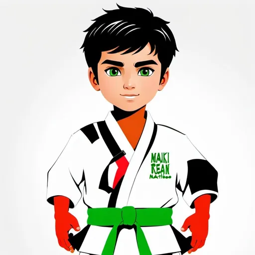 Prompt: Create an AI Image of a cute handsome young white skin tone  boy in white karate dress with green belt on it and also wrote name Malik Rehan Matloob on his belt and top of image! Must write name on the picture 