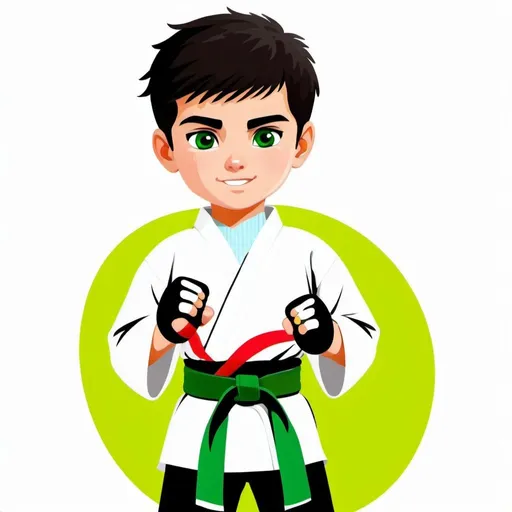 Prompt: Create an AI Image of a cute handsome young white skin tone  boy in white karate dress with green belt on it and also wrote name Malik Rehan Matloob on his belt and top of image