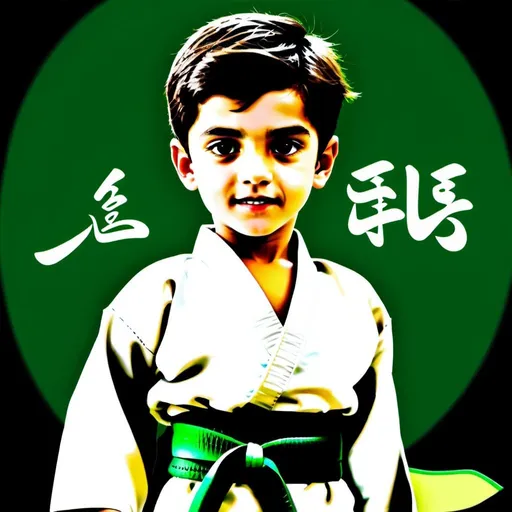 Prompt: Create an AI Image of a cute handsome young white skin tone  boy in white karate dress with green belt on it and also wrote name Malik Rehan Matloob on his belt and top of image