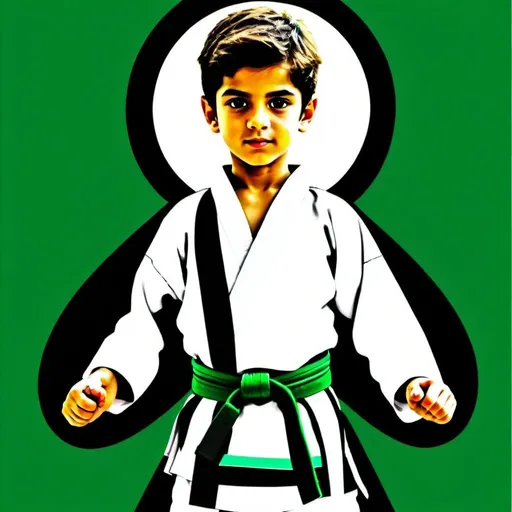 Prompt: Create an AI Image of a cute handsome young white skin tone  boy in white karate dress with green belt on it and also wrote name Malik Rehan Matloob on his belt and top of image