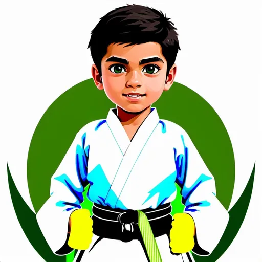 Prompt: Create an AI Image of a cute handsome young white skin tone  boy in white karate dress with green belt on it and also wrote name Malik Rehan Matloob on his belt and top of image