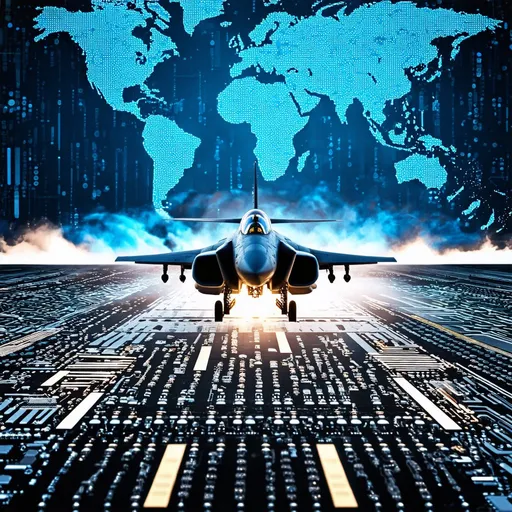 Prompt: War fighter planes are taking off from semiconductor chip made runway and whole world map in background is covered with semiconductor chips 