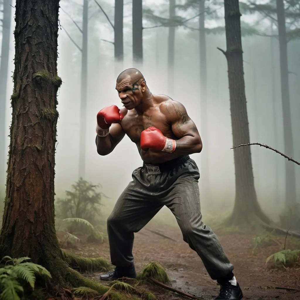 Prompt: mike tyson punching a tree with rage in a forest with fog and rain, 