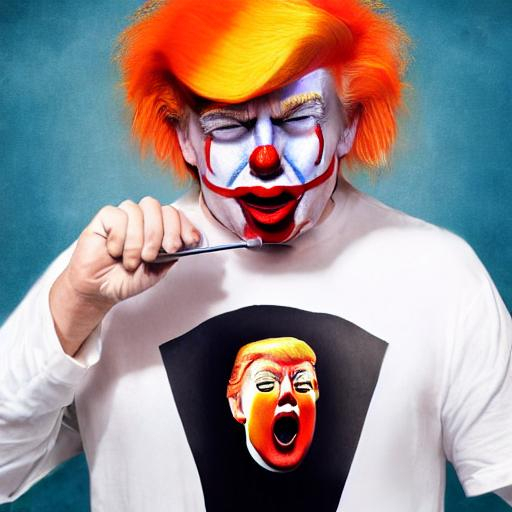 Prompt: studio color photo realistic full body illustration portrait of donald trump as a clown with white face paint orange hair and yellow jumpsuit