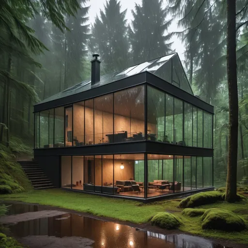 Prompt: House in the forest with a glass roof during the rain