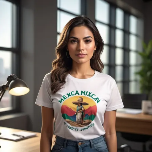 Prompt: A mexican woman modeling a t-shirt in an office setting