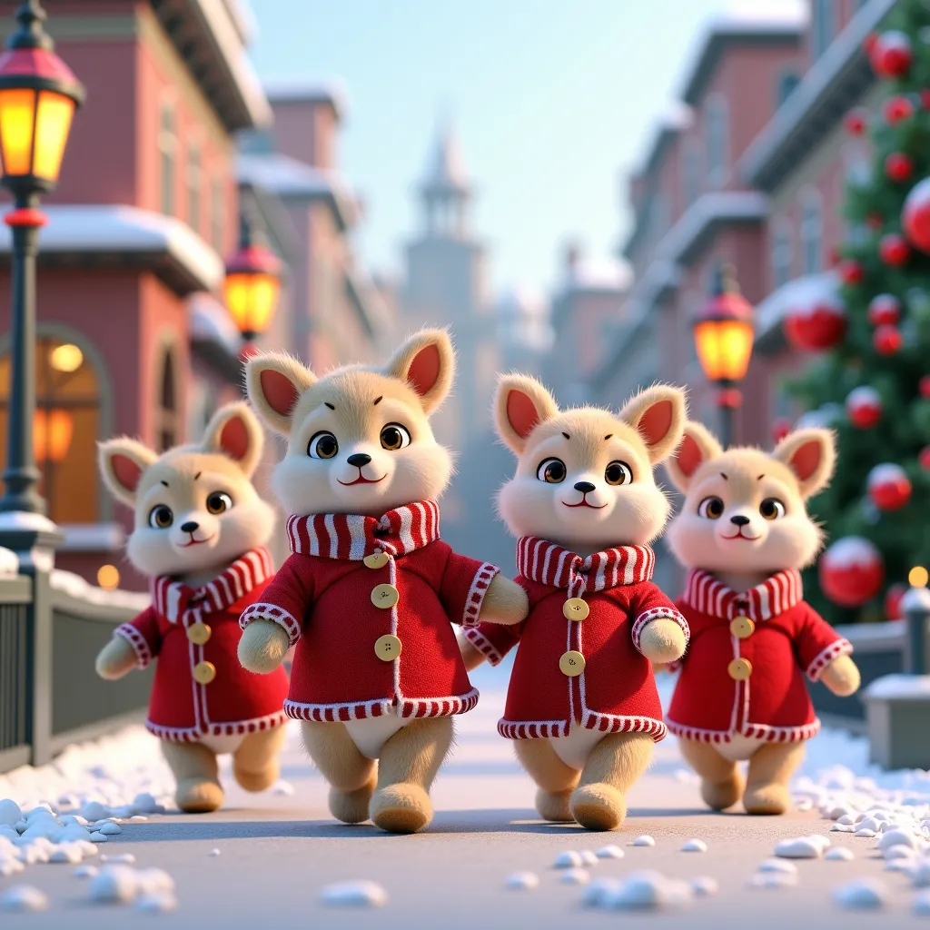 Prompt: A 3D render of a fluffy animals wearing elegant christmas clothes. The animals have a mischievous smile and are walking happy on snowy streets adorned with Christmas decorations. The background contains a streetlamp, a fence, and a building, a large Christmas tree and lots of Christmas decorations. 