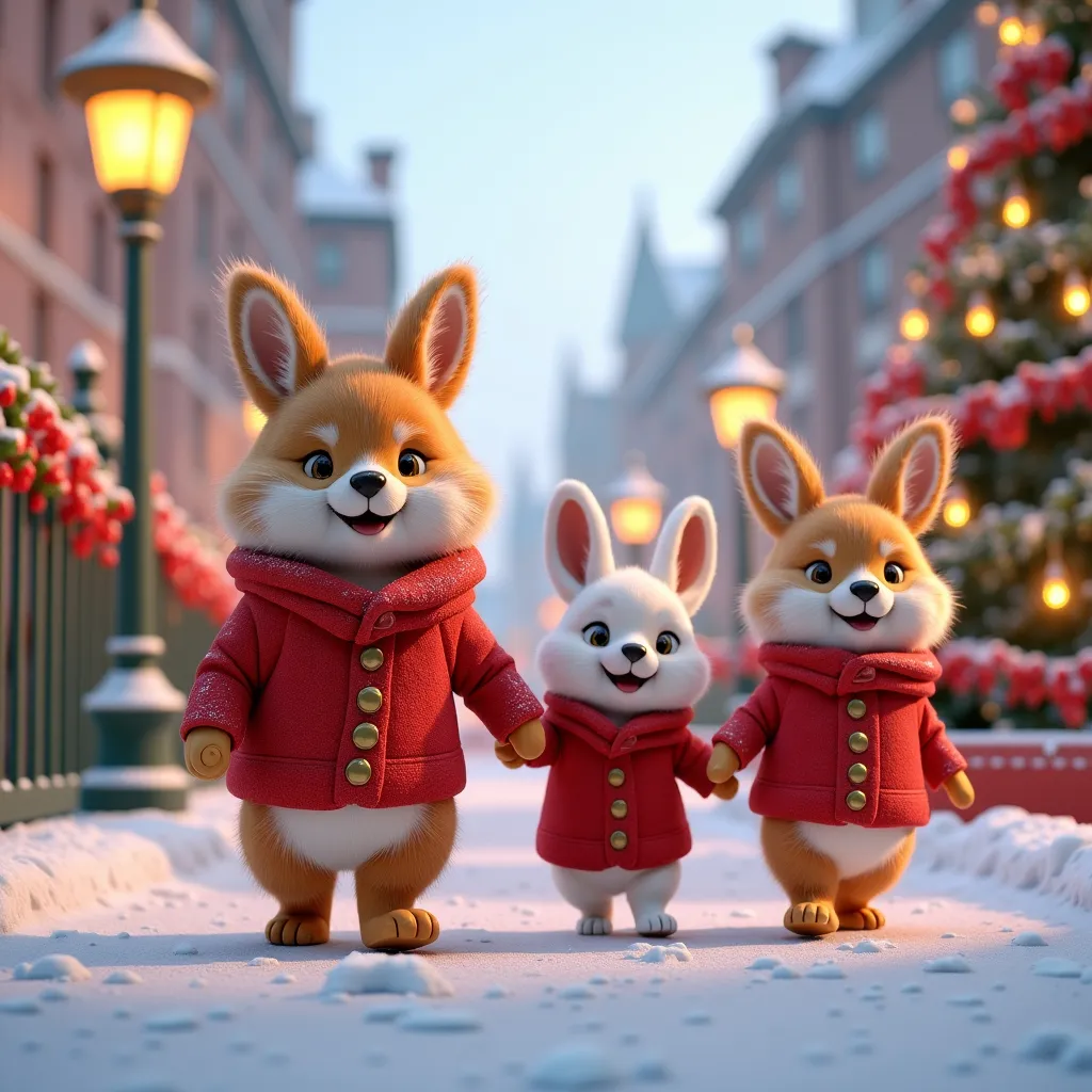 Prompt: A 3D render of a fluffy animals wearing elegant christmas clothes. The animals have a mischievous smile and are walking happy on snowy streets adorned with Christmas decorations. The background contains a streetlamp, a fence, and a building, a large Christmas tree and lots of Christmas decorations. 