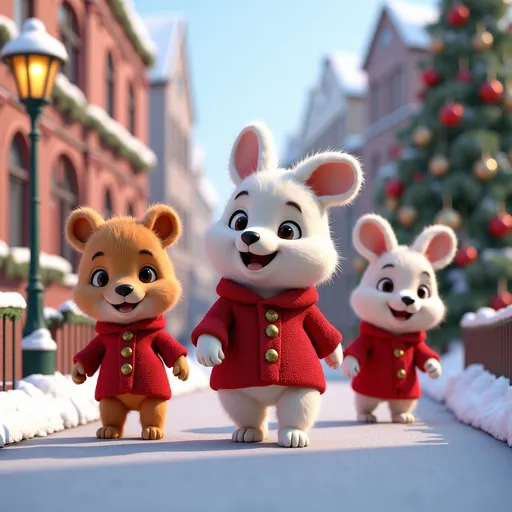 Prompt: A 3D render of a fluffy animals wearing elegant christmas clothes. The animals have a mischievous smile and are walking happy on snowy streets adorned with Christmas decorations. The background contains a streetlamp, a fence, and a building, a large Christmas tree and lots of Christmas decorations. 