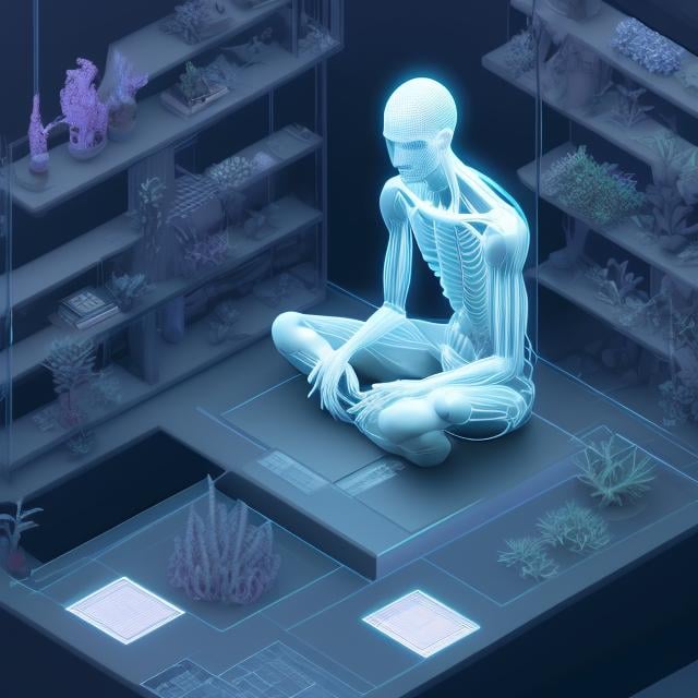 Prompt: 3D, transparent human man, transparent human woman, visible nervous system, romantic hugging, sitting cross-legged on the ground, bookshelf, aquarium, houseplants, cyberpunk, dark palette, saturday morning cartoon, gashapon render, netsuke render, isometric perspective, unreal engine, hyper-realistic, 64k, 