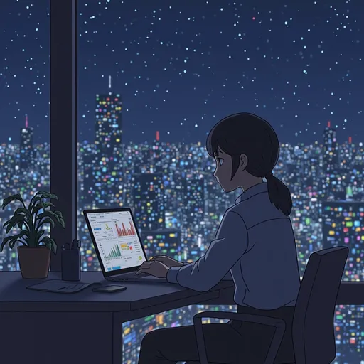 Prompt: 「好奇心旺盛な若手女子サラリーマンが夜の高層オフィスで一人で残業し、マーケティングデータに悩むスタジオジブリ風のアニメシーン。シーンは、中距離の目の高さの視点から表示されます。オフィスからは、柔らかな星明かりと窓の外に映し出されるカラフルなネオンライトが、夢のような感情的な雰囲気を醸し出しています。...