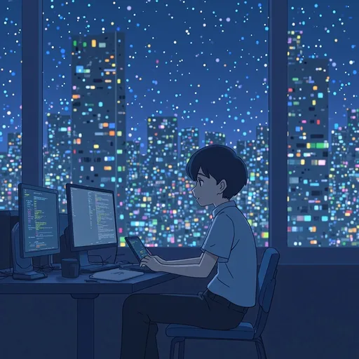 Prompt: "Studio Ghibli-style anime scene of a curious young office worker working overtime alone in a high-rise office at night, struggling with marketing data. The scene is viewed from a mid-range, eye-level perspective. The office overlooks a glowing cityscape with soft starlight and colorful neon lights outside the window, creating a dreamy, emotional atmosphere."