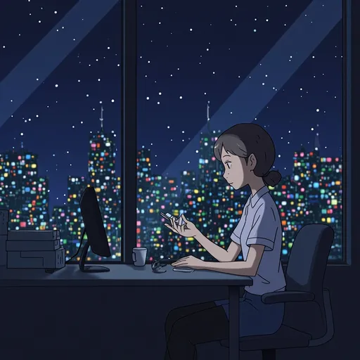 Prompt: 「好奇心旺盛な若手女子サラリーマンが夜の高層オフィスで一人で残業し、マーケティングデータに悩むスタジオジブリ風のアニメシーン。シーンは、中距離の目の高さの視点から表示されます。オフィスからは、柔らかな星明かりと窓の外に映し出されるカラフルなネオンライトが、夢のような感情的な雰囲気を醸し出しています。...