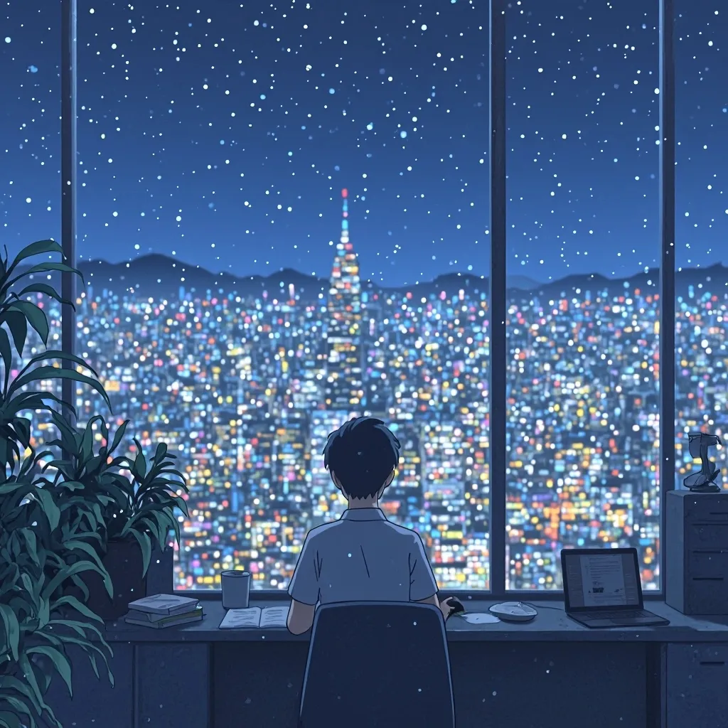 Prompt: "Studio Ghibli-style anime scene of a curious young office worker working overtime alone in a high-rise office at night, struggling with marketing data. The scene is viewed from a mid-range, eye-level perspective. The office overlooks a glowing cityscape with soft starlight and colorful neon lights outside the window, creating a dreamy, emotional atmosphere."