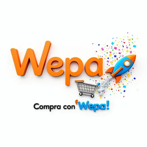 Prompt: A modern e-commerce logo called 'WepaBuy', with bold orange gradient letters, a shopping cart designed like a rocket (dynamic and sleek), colorful confetti explosion coming from the letter 'Y', and the tagline 'Compra con ¡Wepa!' in bright blue below. Vibrant, joyful, and digital-friendly style, 3D render, white background
