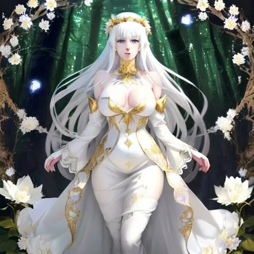 Prompt: white hair, blue eyes, very beautiful girl, anime, hourglass body, huge chest, inside a magical forest, Royals, full body, thin white fabric decorated with gold flowers, and gold flower crowns, pink lips, a delicate face with half-open lips, soft pale skin