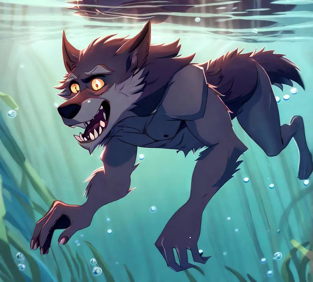 Prompt: Anthro furry werewolf swimming underwater