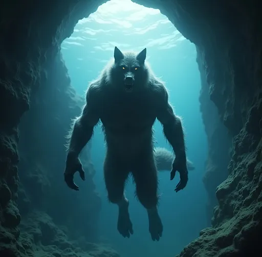 Prompt: Furry human werewolf hybrid swimming underwater into an ocean cave. Full body covered in body hair. Under the sea
