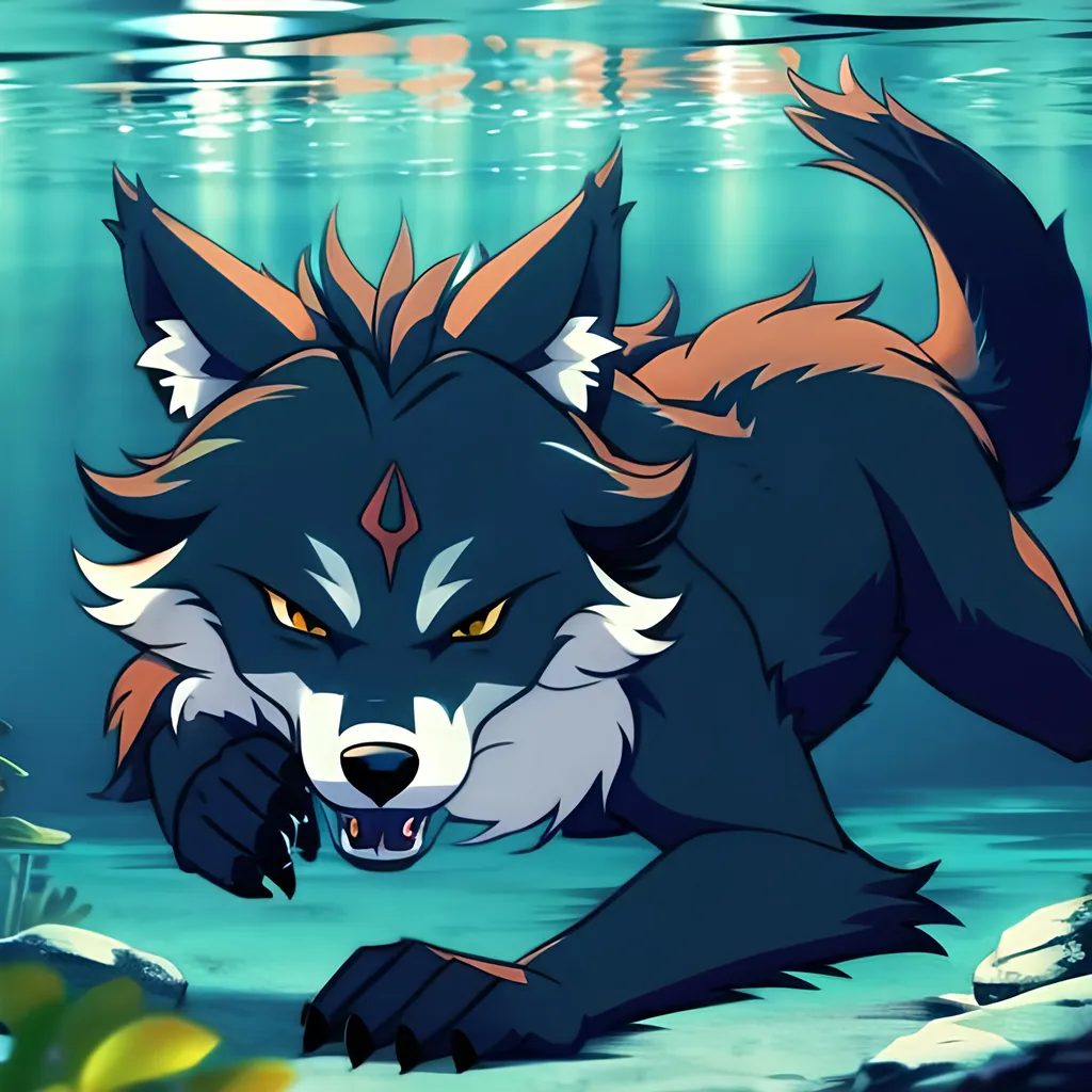 Prompt: Anthro furry werewolf swimming underwater