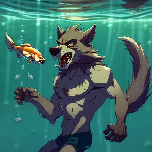 Prompt: Anthro furry werewolf skinny dipping underwater with fish