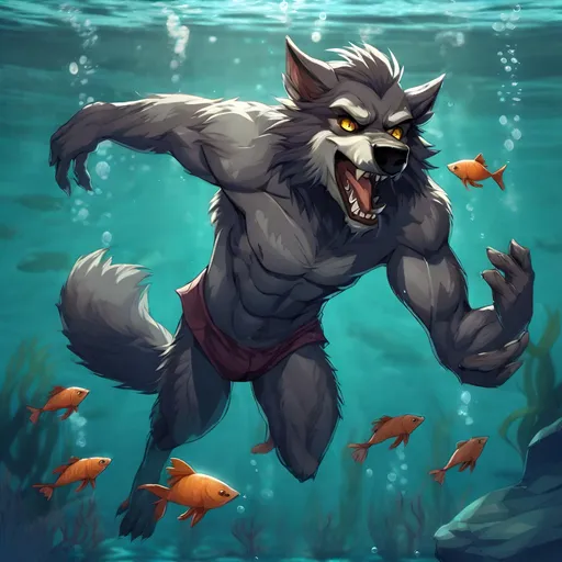 Prompt: Anthro furry werewolf swimming underwater with fish, full body,