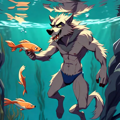 Prompt: Anthro furry werewolf skinny dipping  swimming underwater with fish, full body