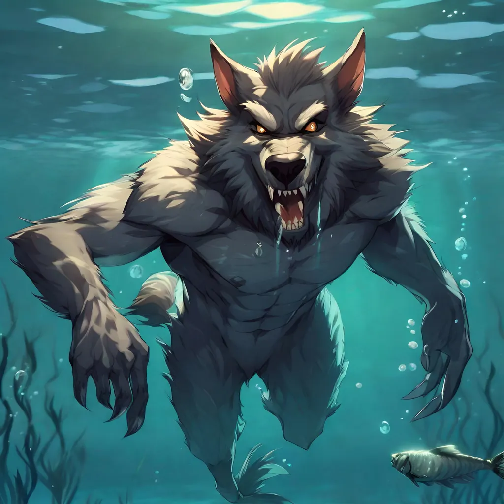 Prompt: Anthro furry werewolf swimming underwater with fish, full body,