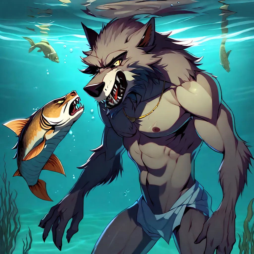 Prompt: Anthro furry werewolf skinny dipping underwater with fish
