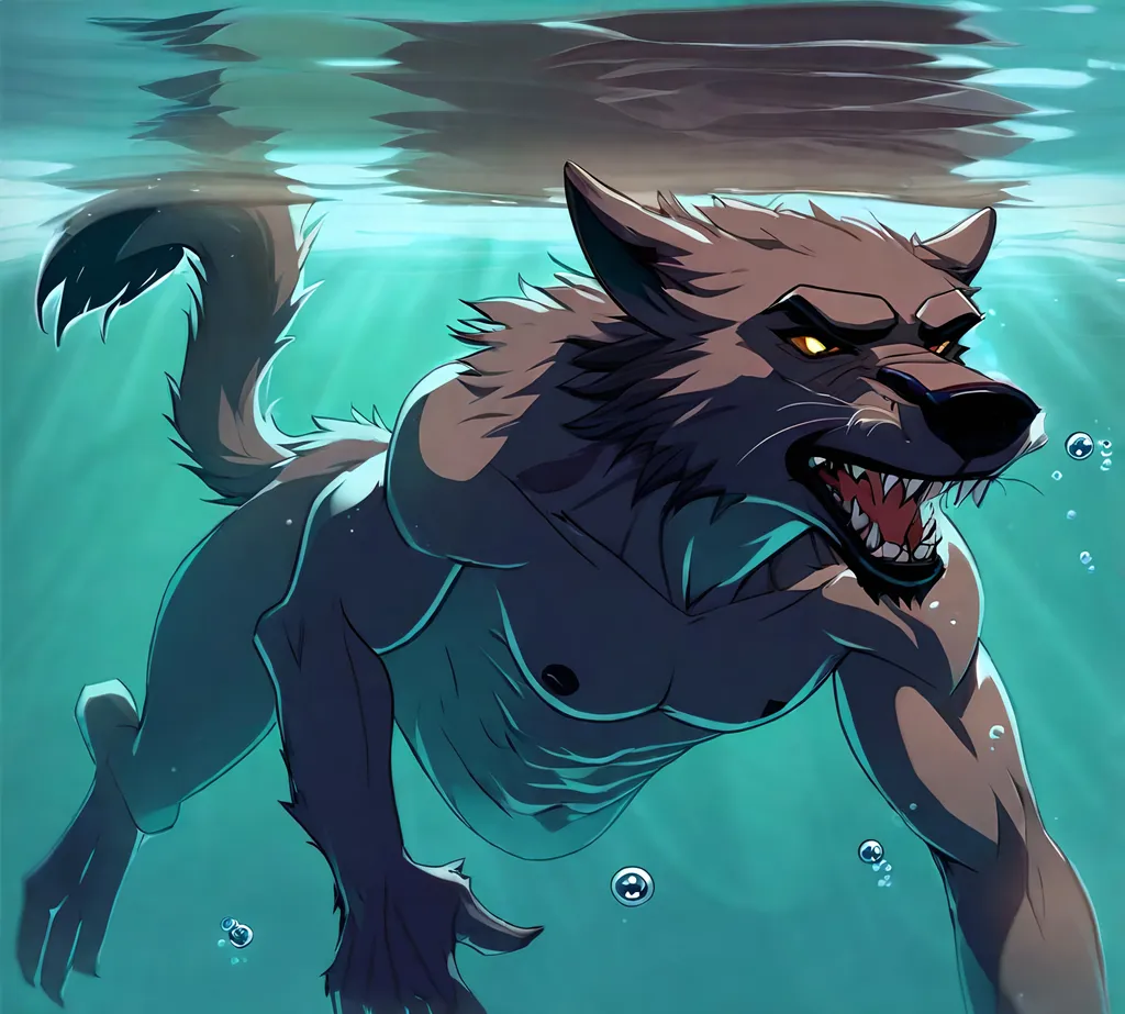 Prompt: Anthro furry werewolf swimming underwater