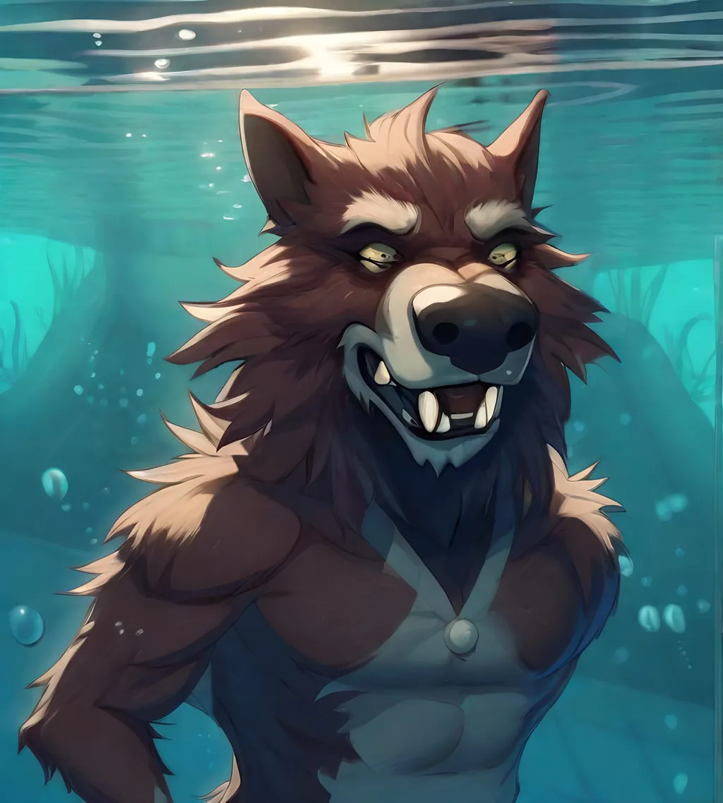 Prompt: Anthro furry werewolf swimming underwater