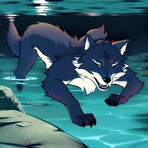 Prompt: Anthro furry werewolf swimming underwater