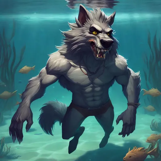 Prompt: Anthro furry werewolf freediving underwater