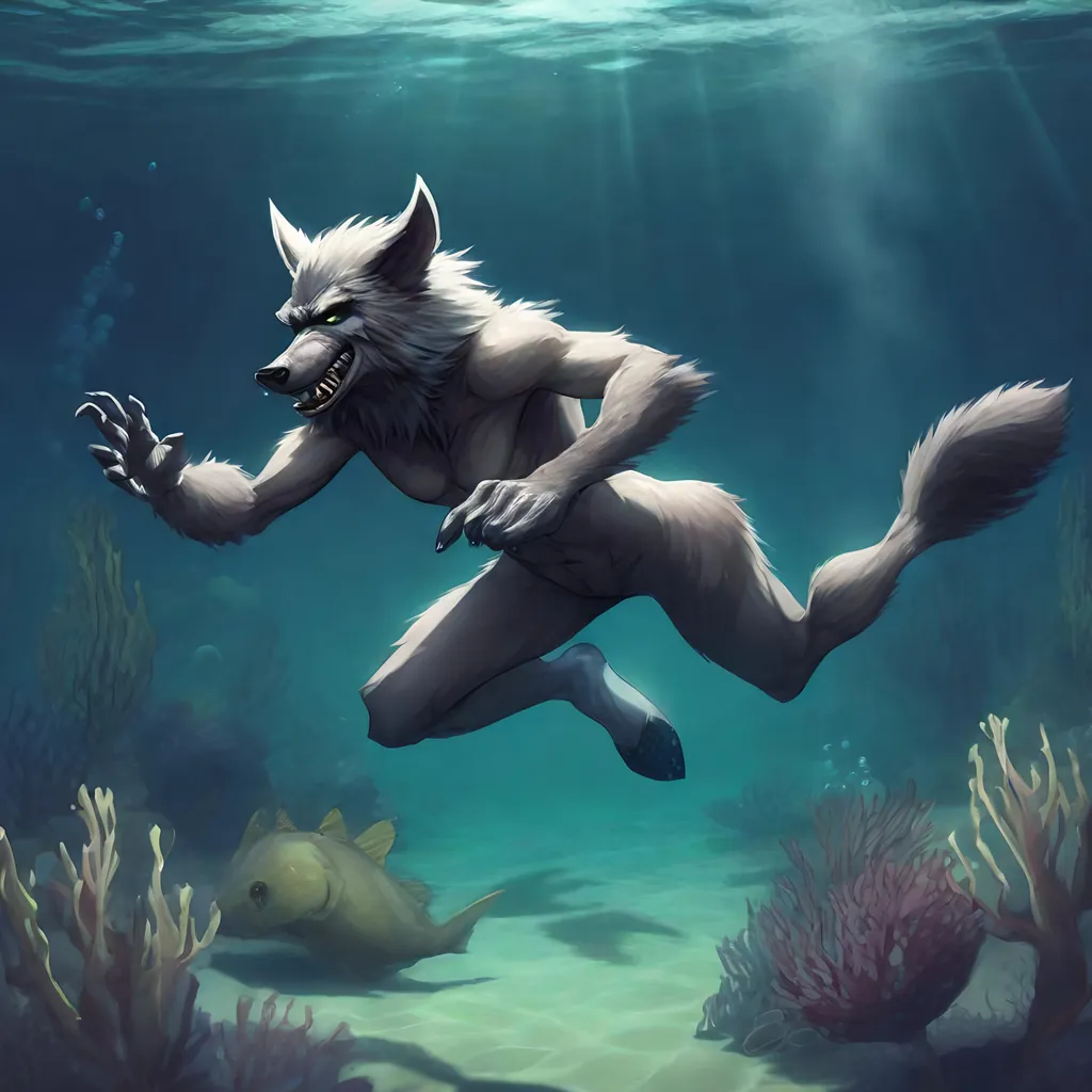 Prompt: Anthro furry werewolf freediving underwater