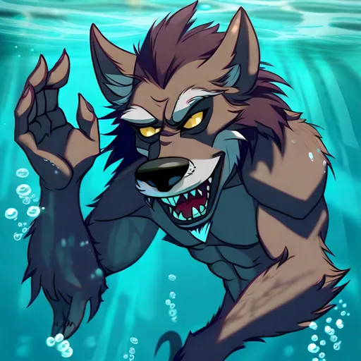 Prompt: Anthro furry werewolf swimming underwater, full body