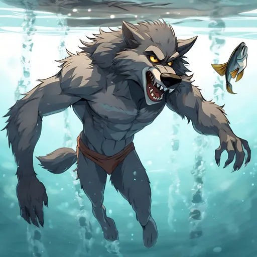 Prompt: Anthro furry werewolf swimming underwater with fish, full body,