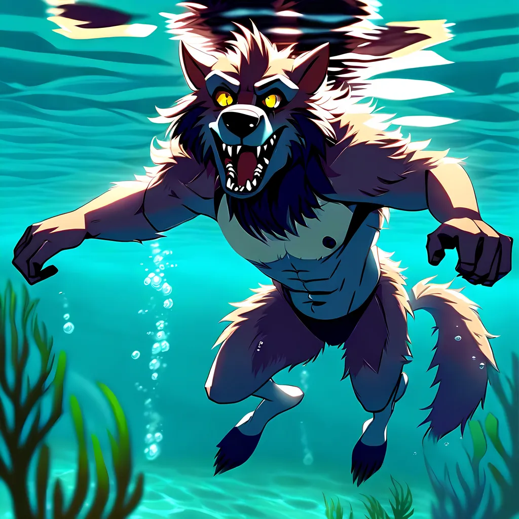 Prompt: Anthro furry werewolf swimming underwater, full body