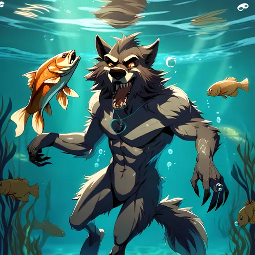 Prompt: Anthro furry werewolf swimming underwater with fish, full body,
