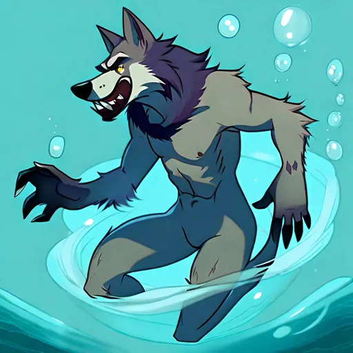Prompt: Anthro furry werewolf swimming underwater, full body