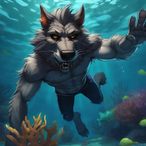 Prompt: Anthro furry werewolf freediving underwater