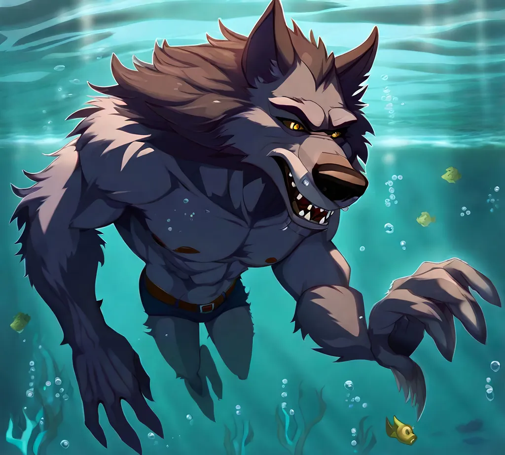 Prompt: Anthro furry werewolf swimming underwater