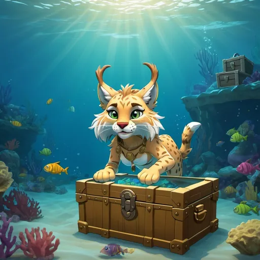 Prompt: An anthro furry lynx swimming underwater looking at a treasure chest under the ocean