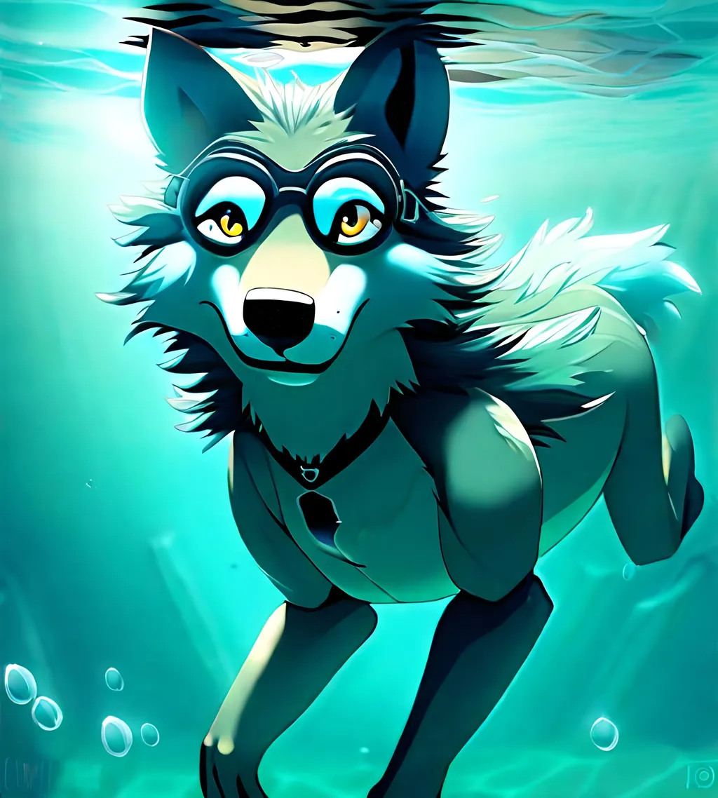 Prompt: Anthro furry wolf swimming underwater