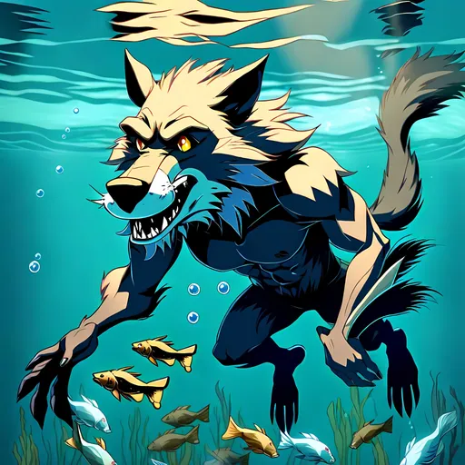 Prompt: Anthro furry werewolf swimming underwater with fish, full body,