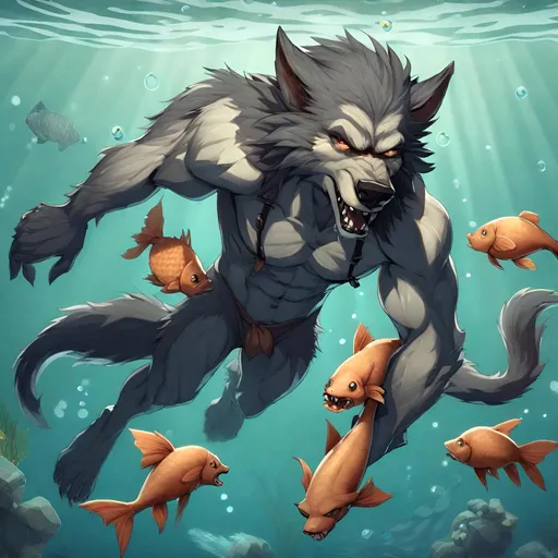 Prompt: Anthro furry werewolf swimming underwater with fish, full body,